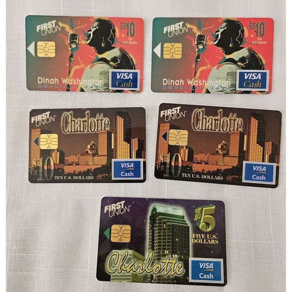 First Union Bank Visa Cash Cards .Ltd  Edition(4 @ $10.00 & 1 @$ 5.00) With Chip - Picture 1 of 7